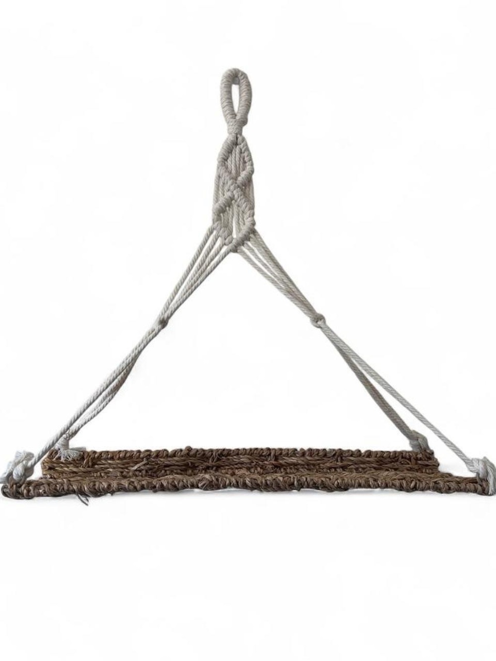 15” Rustic Boho Natural Seagrass Hanging Shelf Woven Cotton Triangular Macrame